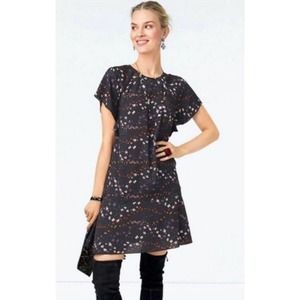 CAbi Muse Dark Grey Floral Dress Sz M Gray Floral Flutter Sleeve Dress Ruffle